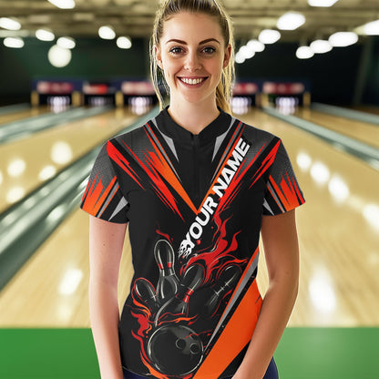 Custom Black And Red Flame Bowling Women Quarter-Zip Shirts, Bowling Tournament Team Outfit IPHW8773