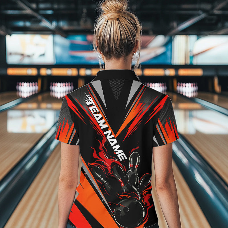 Custom Black And Red Flame Bowling Women Quarter-Zip Shirts, Bowling Tournament Team Outfit IPHW8773