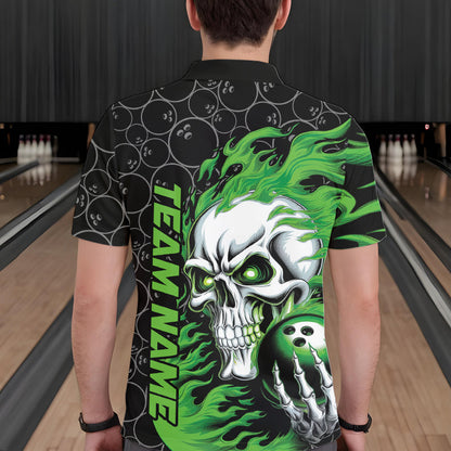 Custom Black And Green Flame Skull Bowling Men Polo Shirts, Skull Halloween Bowling Outfit IPHW8775