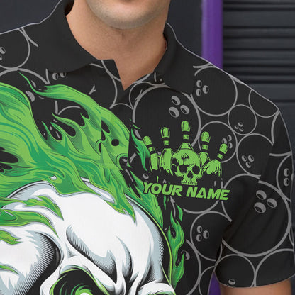 Custom Black And Green Flame Skull Bowling Men Polo Shirts, Skull Halloween Bowling Outfit IPHW8775