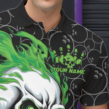 Load image into Gallery viewer, Custom Black And Green Flame Skull Bowling Men Polo Shirts, Skull Halloween Bowling Outfit IPHW8775