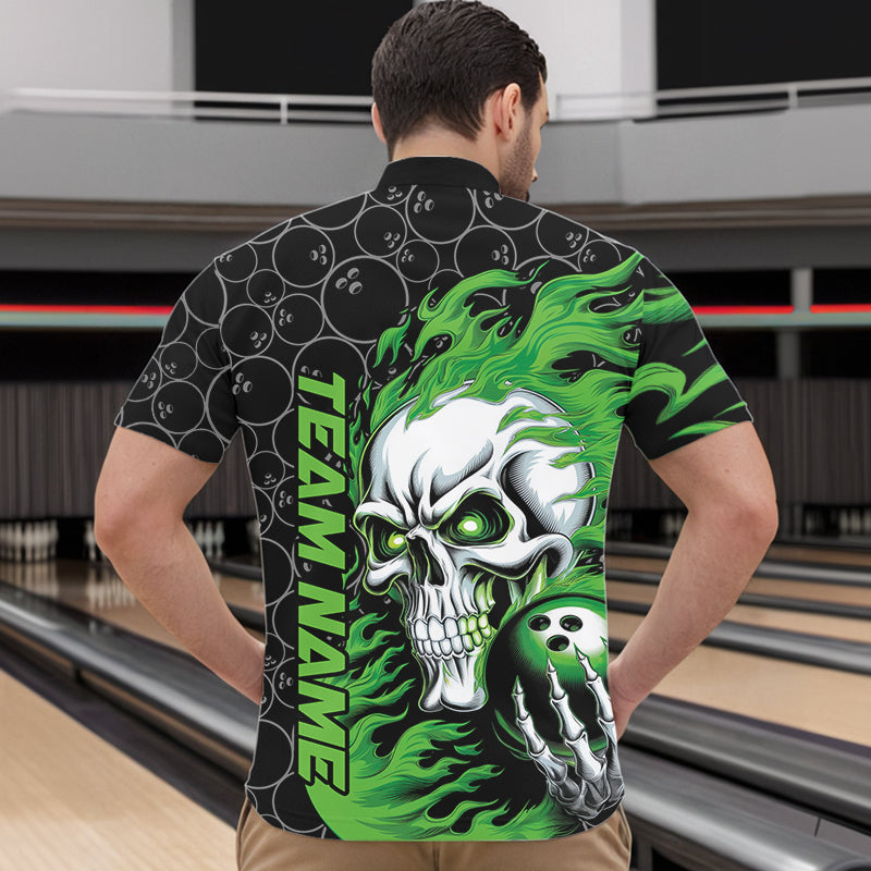 Custom Black And Green Flame Skull Bowling Men Quarter-Zip Shirts, Skull Halloween Bowling Outfit IPHW8775