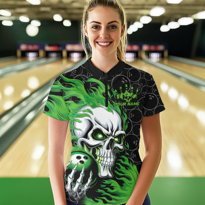 Custom Black And Green Flame Skull Bowling Women Quarter-Zip Shirt, Halloween Team Outfit IPHW8775