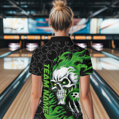 Custom Black And Green Flame Skull Bowling Women Quarter-Zip Shirt, Halloween Team Outfit IPHW8775