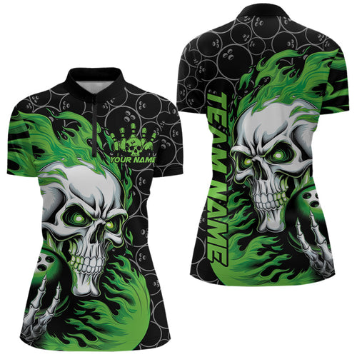 Custom Black And Green Flame Skull Bowling Women Quarter-Zip Shirt, Halloween Team Outfit IPHW8775