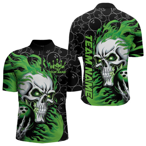 Custom Black And Green Flame Skull Bowling Men Quarter-Zip Shirts, Skull Halloween Bowling Outfit IPHW8775