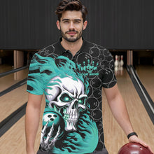 Load image into Gallery viewer, Custom Black And Blue Flame Skull Bowling Men Polo Shirts, Skull Halloween Bowling Outfit IPHW8776