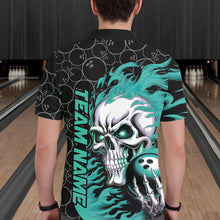 Load image into Gallery viewer, Custom Black And Blue Flame Skull Bowling Men Polo Shirts, Skull Halloween Bowling Outfit IPHW8776