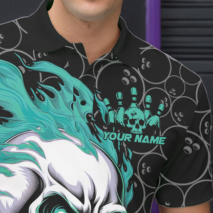 Custom Black And Blue Flame Skull Bowling Men Polo Shirts, Skull Halloween Bowling Outfit IPHW8776