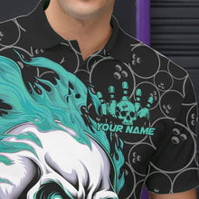 Load image into Gallery viewer, Custom Black And Blue Flame Skull Bowling Men Polo Shirts, Skull Halloween Bowling Outfit IPHW8776