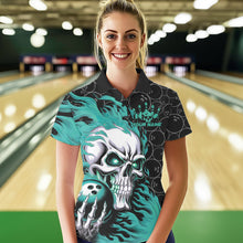 Load image into Gallery viewer, Custom Black And Blue Flame Skull Bowling Women Polo Shirts, Skull Halloween Bowling Outfit IPHW8776
