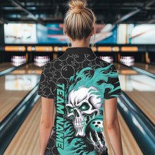 Load image into Gallery viewer, Custom Black And Blue Flame Skull Bowling Women Polo Shirts, Skull Halloween Bowling Outfit IPHW8776