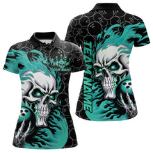 Load image into Gallery viewer, Custom Black And Blue Flame Skull Bowling Women Polo Shirts, Skull Halloween Bowling Outfit IPHW8776