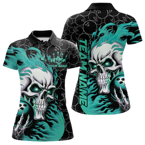 Custom Black And Blue Flame Skull Bowling Women Polo Shirts, Skull Halloween Bowling Outfit IPHW8776