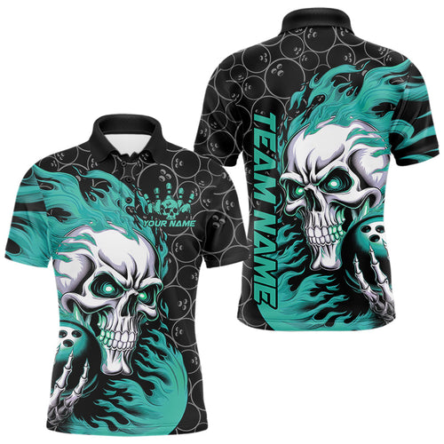 Custom Black And Blue Flame Skull Bowling Men Polo Shirts, Skull Halloween Bowling Outfit IPHW8776