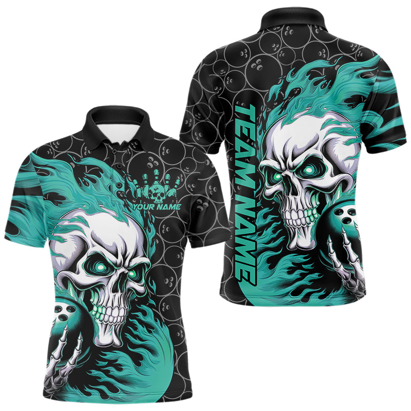 Custom Black And Blue Flame Skull Bowling Men Polo Shirts, Skull Halloween Bowling Outfit IPHW8776