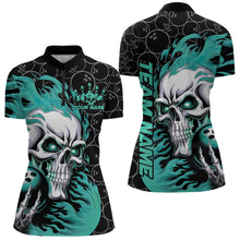 Load image into Gallery viewer, Custom Black And Blue Flame Skull Bowling Women Quarter-Zip Shirts, Halloween Team Outfit IPHW8776