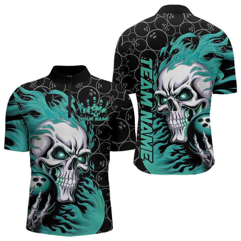 Custom Black And Blue Flame Skull Bowling Men Quarter-Zip Shirts, Skull Halloween Bowling Outfit IPHW8776