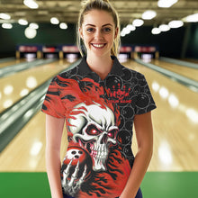 Load image into Gallery viewer, Custom Black And Red Flame Skull Bowling Women Polo Shirts, Skull Halloween Bowling Outfit IPHW8777