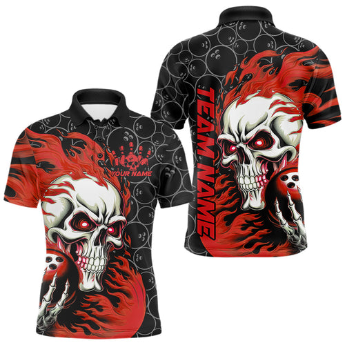 Custom Black And Red Flame Skull Bowling Men Polo Shirts, Skull Halloween Bowling Outfit IPHW8777