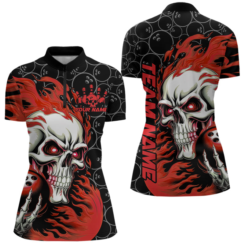 Custom Black And Red Flame Skull Bowling Women Quarter-Zip Shirts, Halloween Bowling Outfit IPHW8777