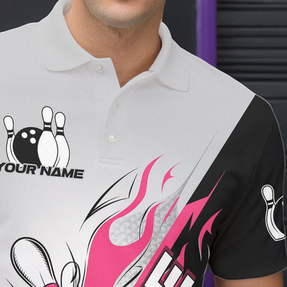 Custom Pink Flame Strike Bowling Men Polo Shirts, Bowling Team Uniform Bowling League Shirt IPHW8778