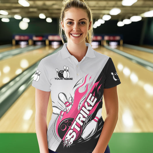 Custom Pink Flame Strike Bowling Women Polo Shirts, Team Uniform Bowling League Shirt IPHW8778