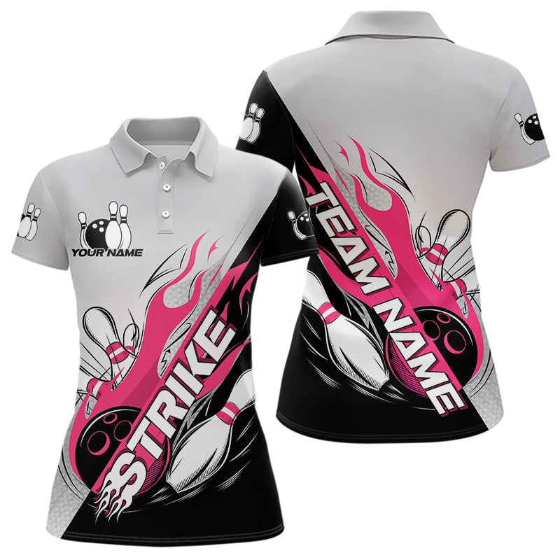 Custom Pink Flame Strike Bowling Women Polo Shirts, Team Uniform Bowling League Shirt IPHW8778