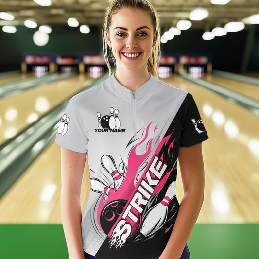 Custom Pink Flame Strike Bowling Women Quarter-Zip Shirt, Team Uniform Bowling League Shirt IPHW8778