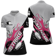 Load image into Gallery viewer, Custom Pink Flame Strike Bowling Women Quarter-Zip Shirt, Team Uniform Bowling League Shirt IPHW8778