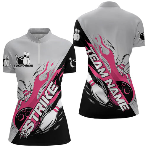 Custom Pink Flame Strike Bowling Women Quarter-Zip Shirt, Team Uniform Bowling League Shirt IPHW8778