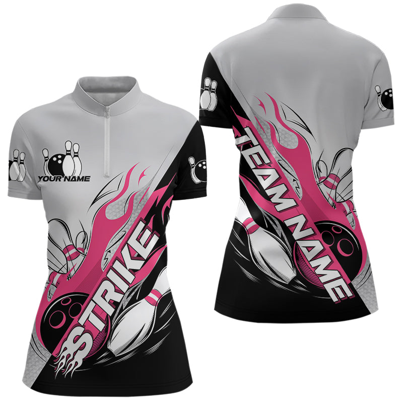 Custom Pink Flame Strike Bowling Women Quarter-Zip Shirt, Team Uniform Bowling League Shirt IPHW8778