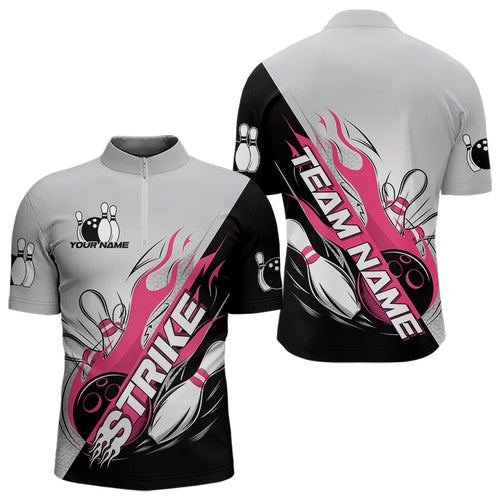 Custom Pink Flame Strike Bowling Men Quarter-Zip Shirts, Bowling Team Uniform Bowling League Shirt IPHW8778