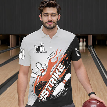 Custom Orange Flame Strike Bowling Men Polo Shirts, Bowling Team Uniform Bowling League Shirt IPHW8779