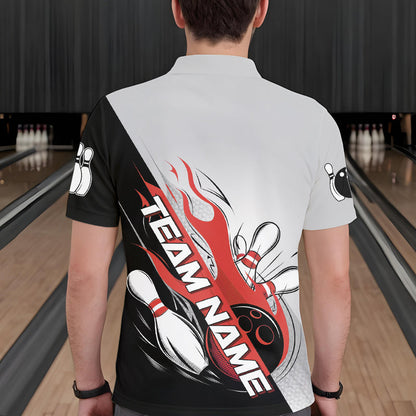 Custom Red Flame Strike Bowling Men Polo Shirts, Bowling Team Uniform Bowling League Shirt IPHW8780