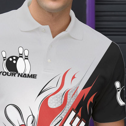 Custom Red Flame Strike Bowling Men Polo Shirts, Bowling Team Uniform Bowling League Shirt IPHW8780