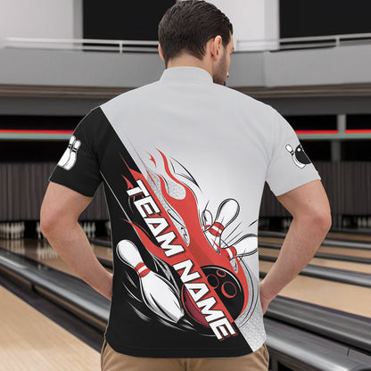 Custom Red Flame Strike Bowling Men Quarter-Zip Shirts, Bowling Team Uniform Bowling League Shirt IPHW8780