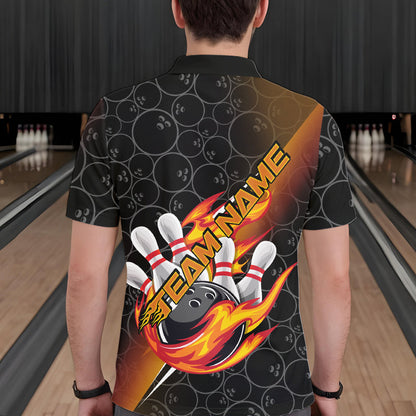 Custom Black And Red Orange Flame Strike Bowling Men Polo Shirts, Bowling Ball Pattern Shirt IPHW8781