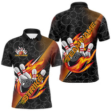 Load image into Gallery viewer, Custom Black And Red Orange Flame Strike Bowling Men Polo Shirts, Bowling Ball Pattern Shirt IPHW8781