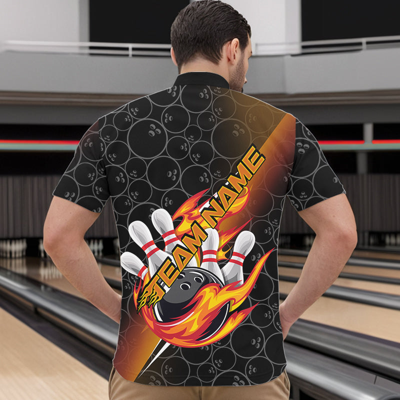 Custom Black And Red Orange Flame Strike Bowling Men Quarter-Zip Shirts, Bowling Ball Pattern Shirt IPHW8781