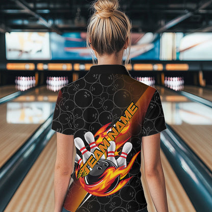 Custom Black And Red Flame Strike Bowling Women Quarter-Zip Shirts, Bowling Ball Pattern IPHW8781