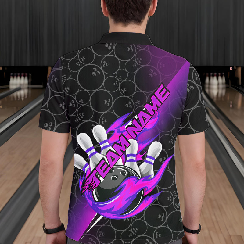 Custom Black And Blue Purple Flame Strike Bowling Men Polo Shirts, Bowling Ball Pattern Shirt IPHW8782