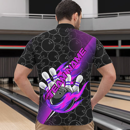 Custom Black And Blue Purple Flame Strike Bowling Men Quarter-Zip Shirt, Bowling Ball Pattern Shirt IPHW8782