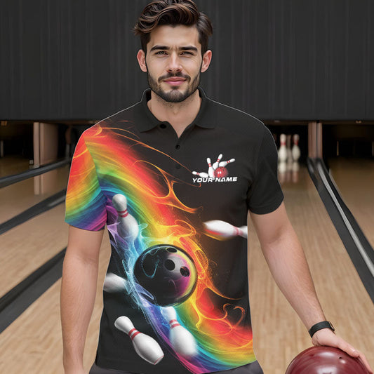 Custom Colorful Rainbow Flame Bowling Team Polo Shirts For Men, Bowling Tournament Outfits IPHW8783