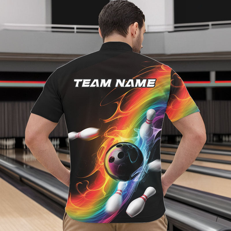 Custom Colorful Rainbow Flame Bowling Team Quarter-Zip Shirts For Men, Bowling Tournament Outfits IPHW8783