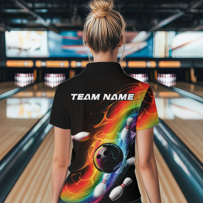 Custom Colorful Rainbow Flame Bowling Team Quarter-Zip Shirts For Women, Bowlers Outfits IPHW8783
