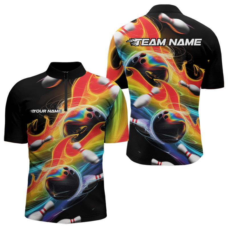 Custom Rainbow Flame Bowling Team Quarter-Zip Shirts For Men, Colorful Bowling League Shirt IPHW8786