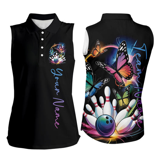 Custom Colorful Butterfly Bowling Women Sleeveless Polo Shirts With Team Name, Bowling Uniform IPHW9013