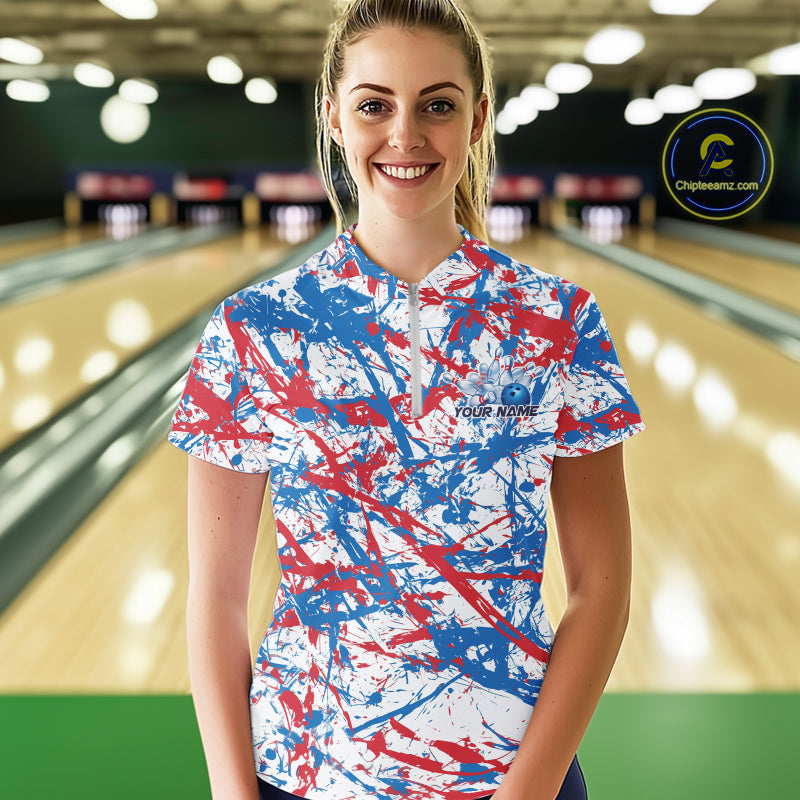 Custom Red, White And Blue Splatter Patriotic Bowling Quarter-Zip Team Shirts For Women IPHW9263