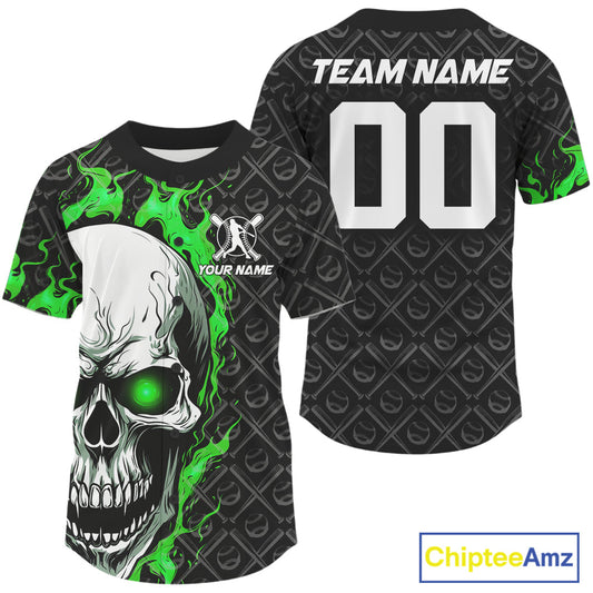 Custom Green Flame Skull Men Baseball Jerseys, Baseball Team Uniform Halloween Outfit IPHW9587